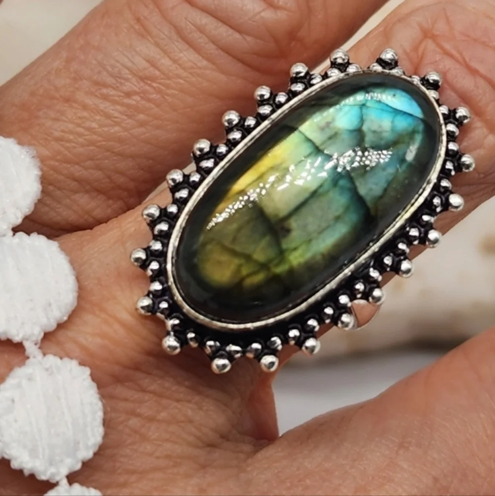 Boho Silver Ring Impressive Large Natural Labradorite Stone 925 Silver